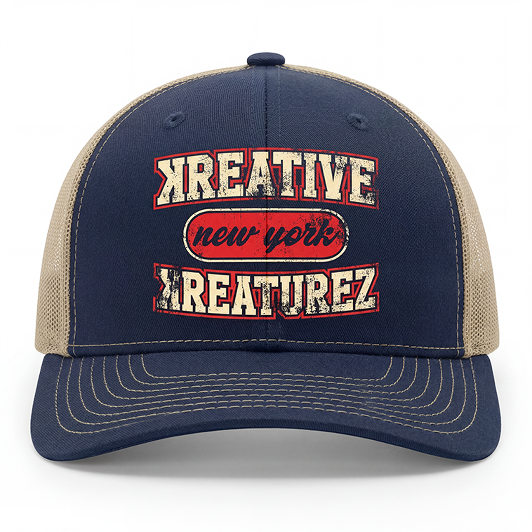 VARSITY TRUCKER HAT - BLUE/KHAKI