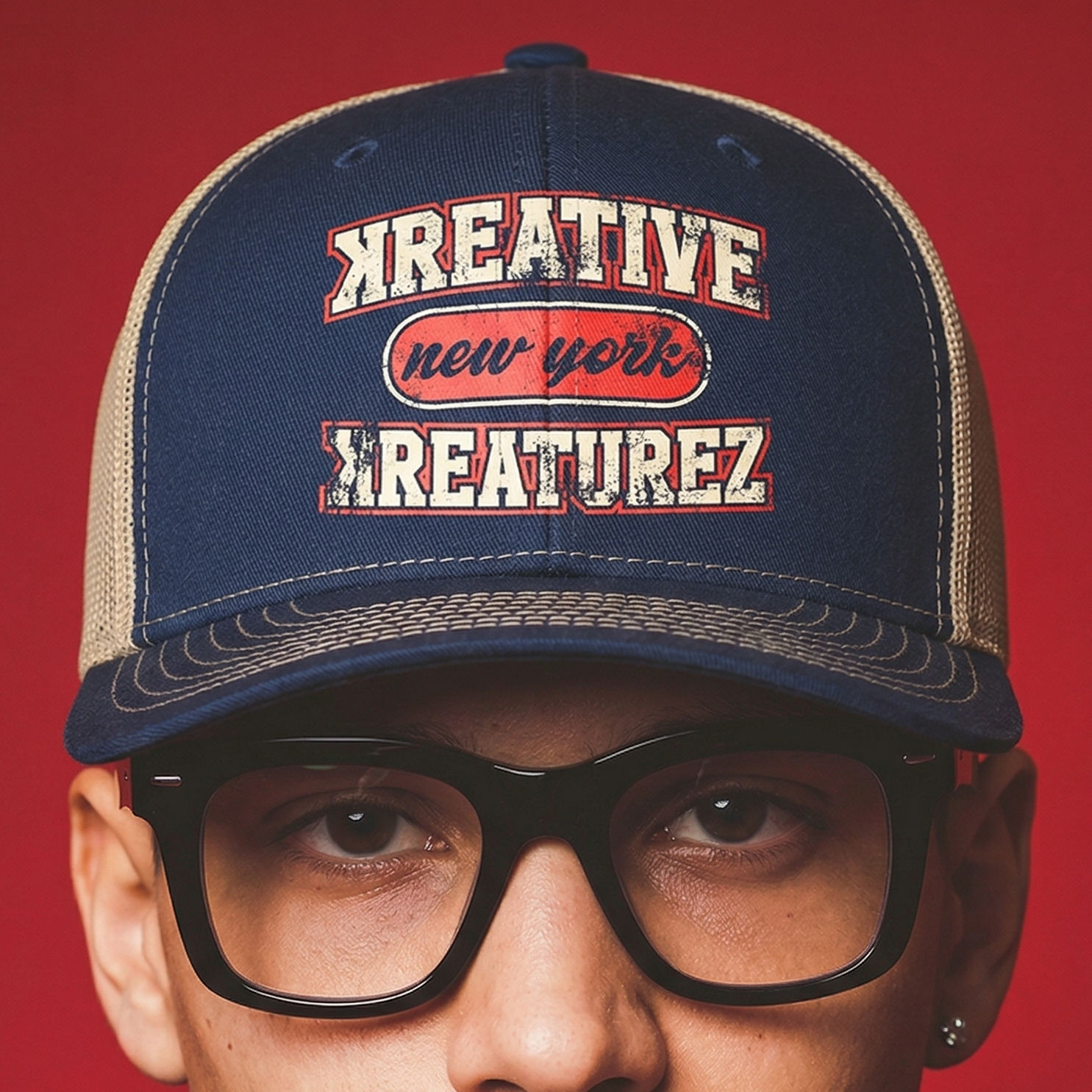 VARSITY TRUCKER HAT - BLUE/KHAKI